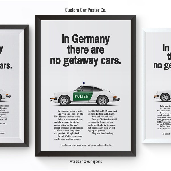 Porsche 911 Polizei "No Getaway Car" Vintage Wall Art - Wall Decor Car Poster