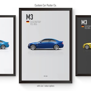 May include: Three framed posters of a blue BMW M3 car with the text "M3" and the German flag. The posters have different backgrounds: white, gray, and black.