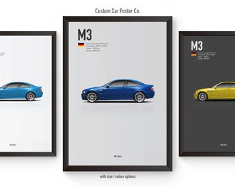 May include: Three framed posters of a blue BMW M3 car with the text "M3" and the German flag. The posters have different backgrounds: white, gray, and black.