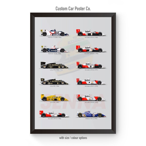 Ayrton Senna F1 Cars Tribute Wall Art - Wall Decor Car Poster - Lotus, Toleman, McLaren, Williams