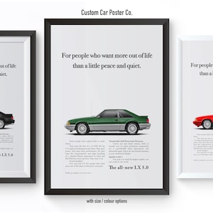 May include: Three framed posters advertising a car with the tagline "For people who want more out of life than a little peace and quiet." The posters feature a black, green, and red car, respectively. Each poster includes the text "The all-new LX 5.0".