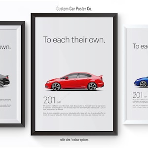 May include: Three framed posters with the text "To each their own." and a car illustration in black, red, and blue. The posters are titled "Custom Car Poster Co."