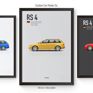 May include: Three different color variations of a poster featuring a yellow Audi RS4 Avant. The poster has the text "RS 4" and a German flag in the top left corner. The poster is framed in black.