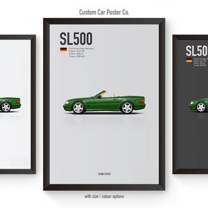 May include: Three framed car posters featuring a green SL500 convertible. Each poster has a black frame and the car is depicted in profile. The posters include the text "SL500" and technical specifications.