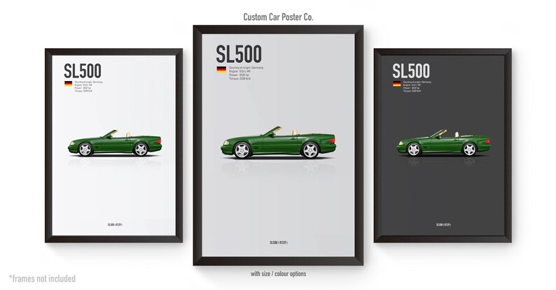 May include: Three framed car posters featuring a green SL500 convertible. Each poster has a black frame and the car is depicted in profile. The posters include the text "SL500" and technical specifications.