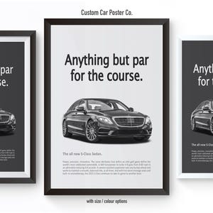 May include: Three black and white framed posters with the text "Anything but par for the course." and a black and white image of a car. The posters are on a white background. The text "Custom Car Poster Co." is at the top of the image.