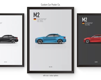 May include: Three framed posters featuring a black, blue, and red BMW M2 car. Each poster has the text "M2" and a German flag in the top left corner. The posters are on a white background.