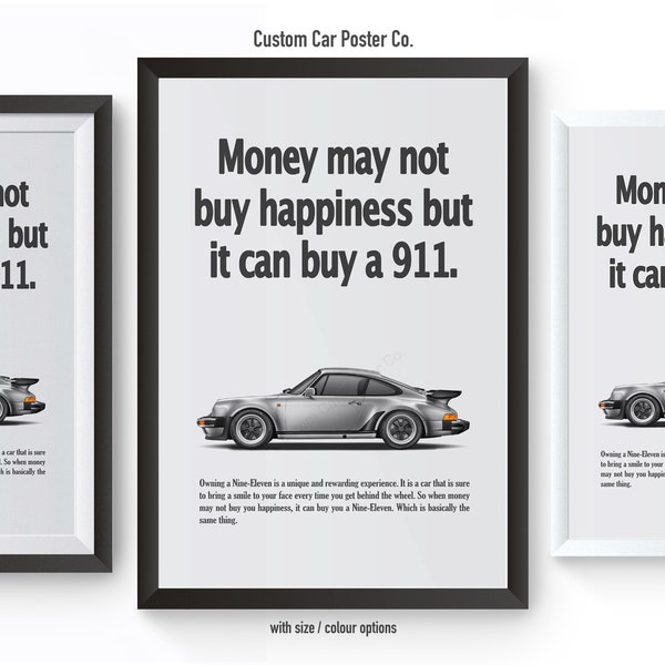Porsche 911 (930) Turbo "Money Can't Buy Happiness" Vintage Wall Art - Wall Decor Car Poster - Multi-Colour