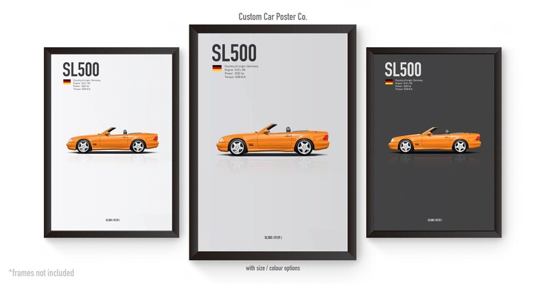 May include: Three framed posters featuring an orange SL500 convertible car. The posters have a black frame and a white or gray background. Each poster includes the text "SL500" and specifications. The text "Custom Car Poster Co." is at the top.
