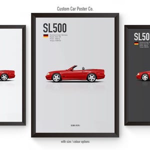 May include: Three framed posters featuring a red SL500 convertible car. The posters have black frames and the car is depicted on white and gray backgrounds. Each poster includes the text "SL500" and specifications.