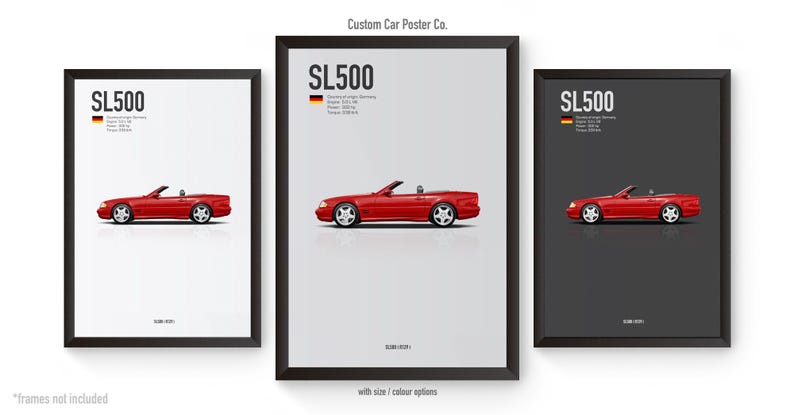 May include: Three framed posters featuring a red SL500 convertible car. The posters have black frames and the car is depicted on white and gray backgrounds. Each poster includes the text "SL500" and specifications.