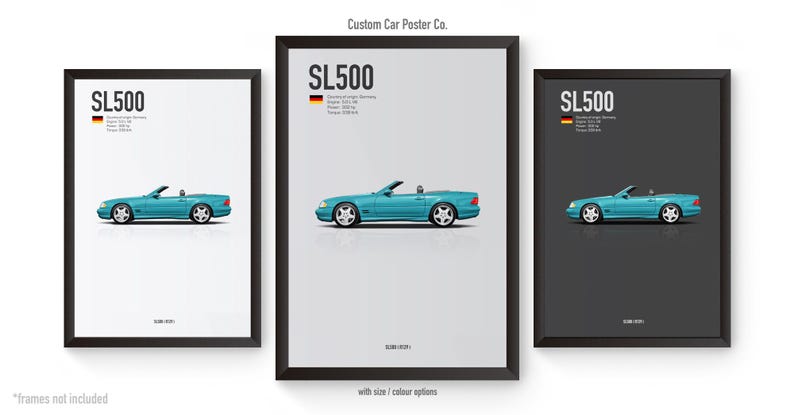May include: Three framed posters featuring a teal SL500 convertible car. Each poster has a black frame and the car is centered. The posters have the text "SL500" and other details. The background colors vary: white, light gray, and dark gray.