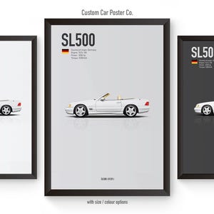 May include: Three framed posters featuring a white SL500 convertible car. Each poster has a black frame and the car is centered. The posters have the text "SL500" and German flag. The text "Custom Car Poster Co." is at the top.