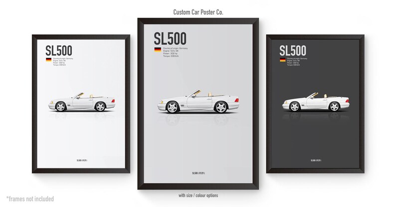 May include: Three framed posters featuring a white SL500 convertible car. Each poster has a black frame and the car is centered. The posters have the text "SL500" and German flag. The text "Custom Car Poster Co." is at the top.