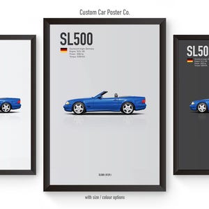May include: Three framed posters featuring a blue SL500 convertible car. Each poster has a black frame and includes the car's specifications and the text "SL500". The background colors vary.