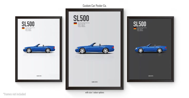 May include: Three framed posters featuring a blue SL500 convertible car. Each poster has a black frame and includes the car's specifications and the text "SL500". The background colors vary.