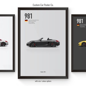 May include: Three framed car posters. Each poster features a side view of a Porsche 981 convertible in silver, gray, and yellow. The posters include the number "981", German flag, and car specifications.