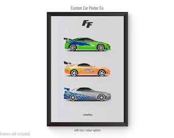 May include: A poster featuring three iconic cars from the Fast and Furious franchise. The cars are a green Mitsubishi Eclipse, an orange Toyota Supra, and a silver Nissan Skyline GT-R. The poster has the text "FF" and "#FanPass" on it.