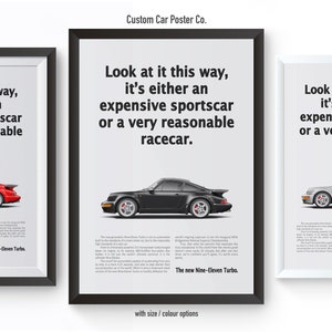 May include: Three framed posters featuring illustrations of a sports car in red, black, and silver. Each poster has the text: "Look at it this way, it's either an expensive sportscar or a very reasonable racecar."