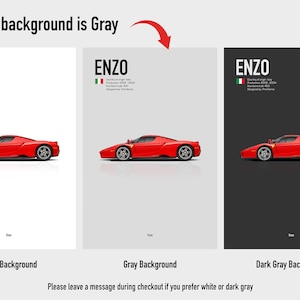 May include: A red Enzo sports car illustration on white, gray, and dark gray backgrounds. The image includes the text "ENZO" with the Italian flag, production years, and designer information. The text "Default background is Gray" is at the top.