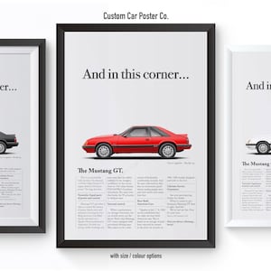 May include: Three framed posters with the text "And in this corner..." and a picture of a black, red, and white Ford Mustang GT. The text "The Mustang GT" is below each car. The posters are from Custom Car Poster Co.