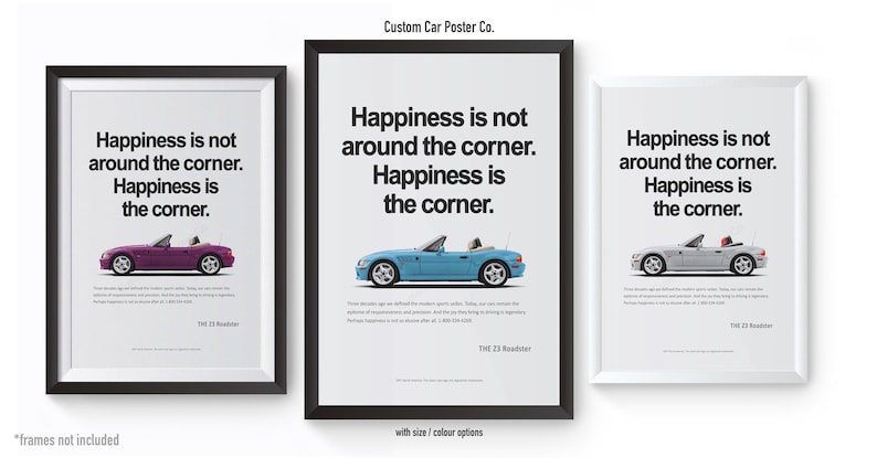 BMW Z3 Roadster Advertisement Poster Framed print for garage and office decor.