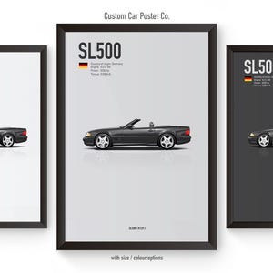 May include: Three framed car posters featuring a dark gray SL500 convertible. Each poster has a black frame and includes the car's model name, specifications, and the German flag. The posters are displayed against a white background.