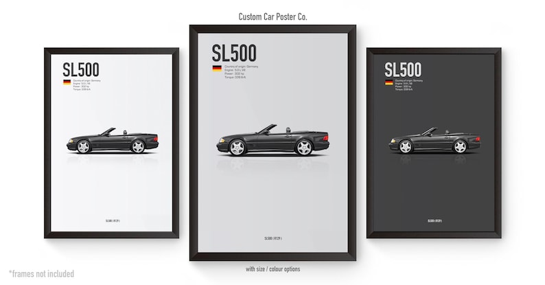 May include: Three framed car posters featuring a dark gray SL500 convertible. Each poster has a black frame and includes the car's model name, specifications, and the German flag. The posters are displayed against a white background.