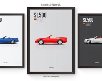 May include: Three framed car posters featuring the SL500 model in blue, red, and white. Each poster includes the car's name, German flag, and specifications. The posters are displayed against a white background.