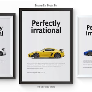 May include: Three framed posters with the text "Perfectly irrational" and a picture of a yellow, white, and blue Porsche 718 RS.