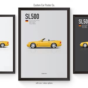 May include: Framed posters featuring a yellow SL500 convertible car. The posters have a minimalist design with the car's profile, the text "SL500", and the German flag. The posters are in black frames and are displayed against a white background.