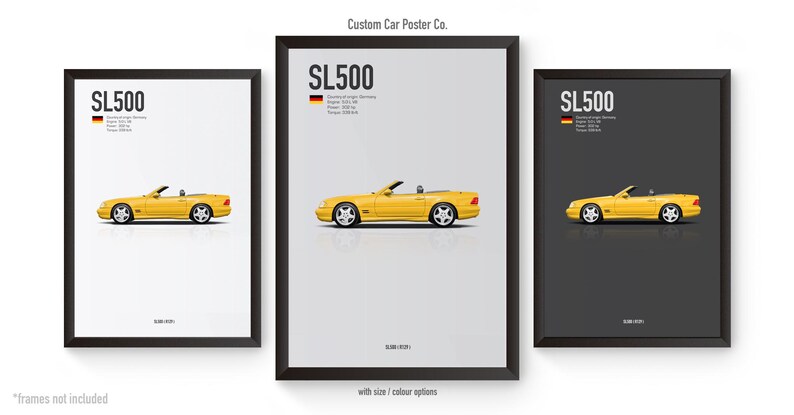 May include: Framed posters featuring a yellow SL500 convertible car. The posters have a minimalist design with the car's profile, the text "SL500", and the German flag. The posters are in black frames and are displayed against a white background.