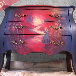 Hand Painted Alice in Wonderland 3-Drawer Dresser: Shabby Chic Furniture