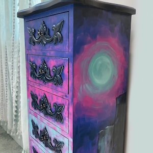 Purple Storage Tower | Moon Painting | Apothecary Cabinet | Hand Painted Furniture |  Boho Dresser | Colorful Hand Painted Cabinet