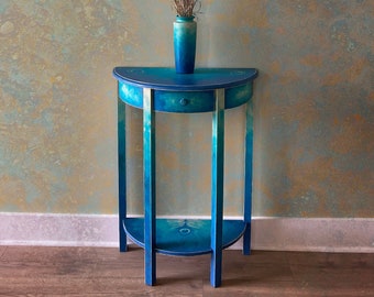 Original Hand Painted Peacock Feather Accent Table with Matching Vase