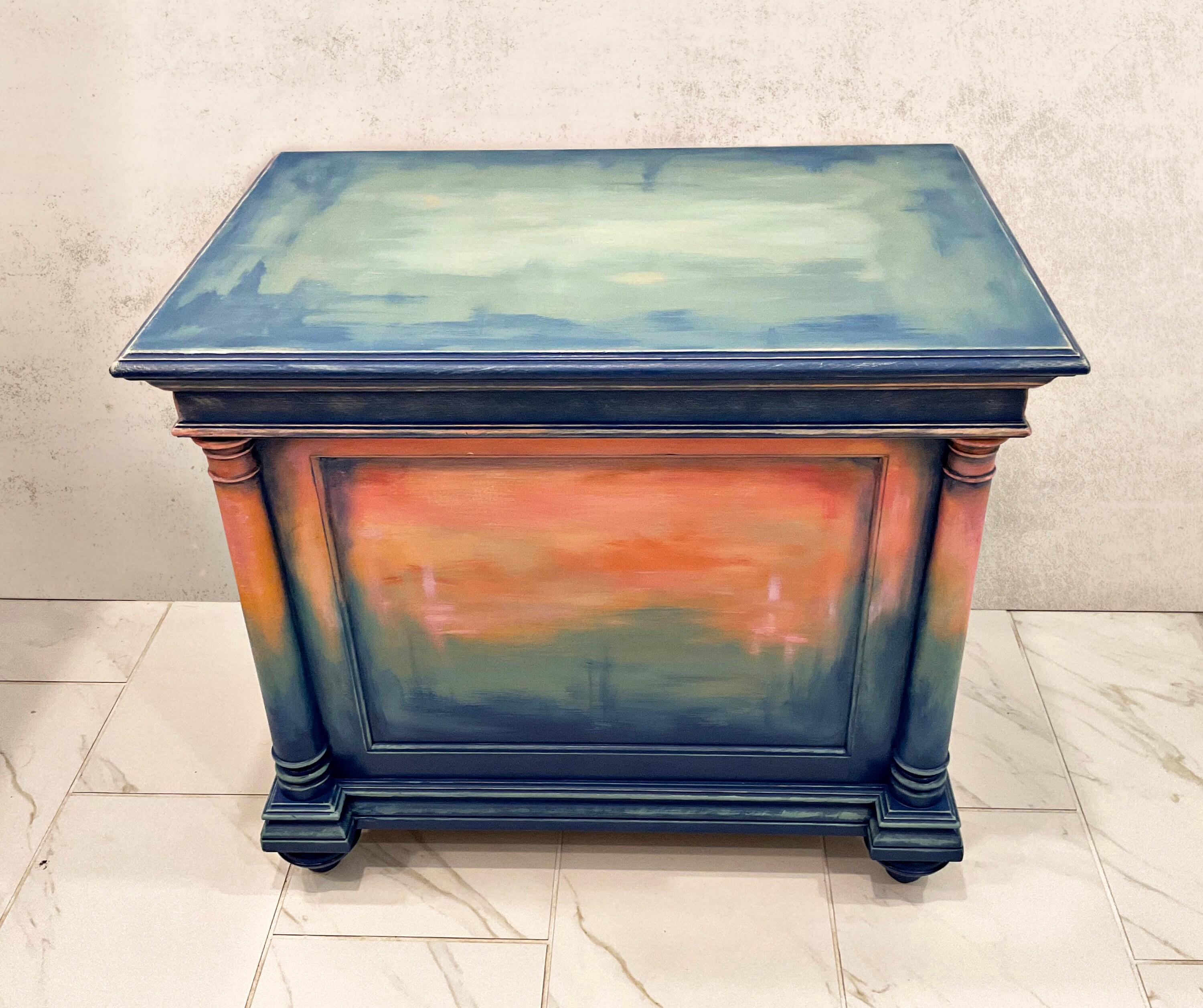 Hand Painted 3 Drawer End Table in Green Blue Peach Color Shabby Chic
