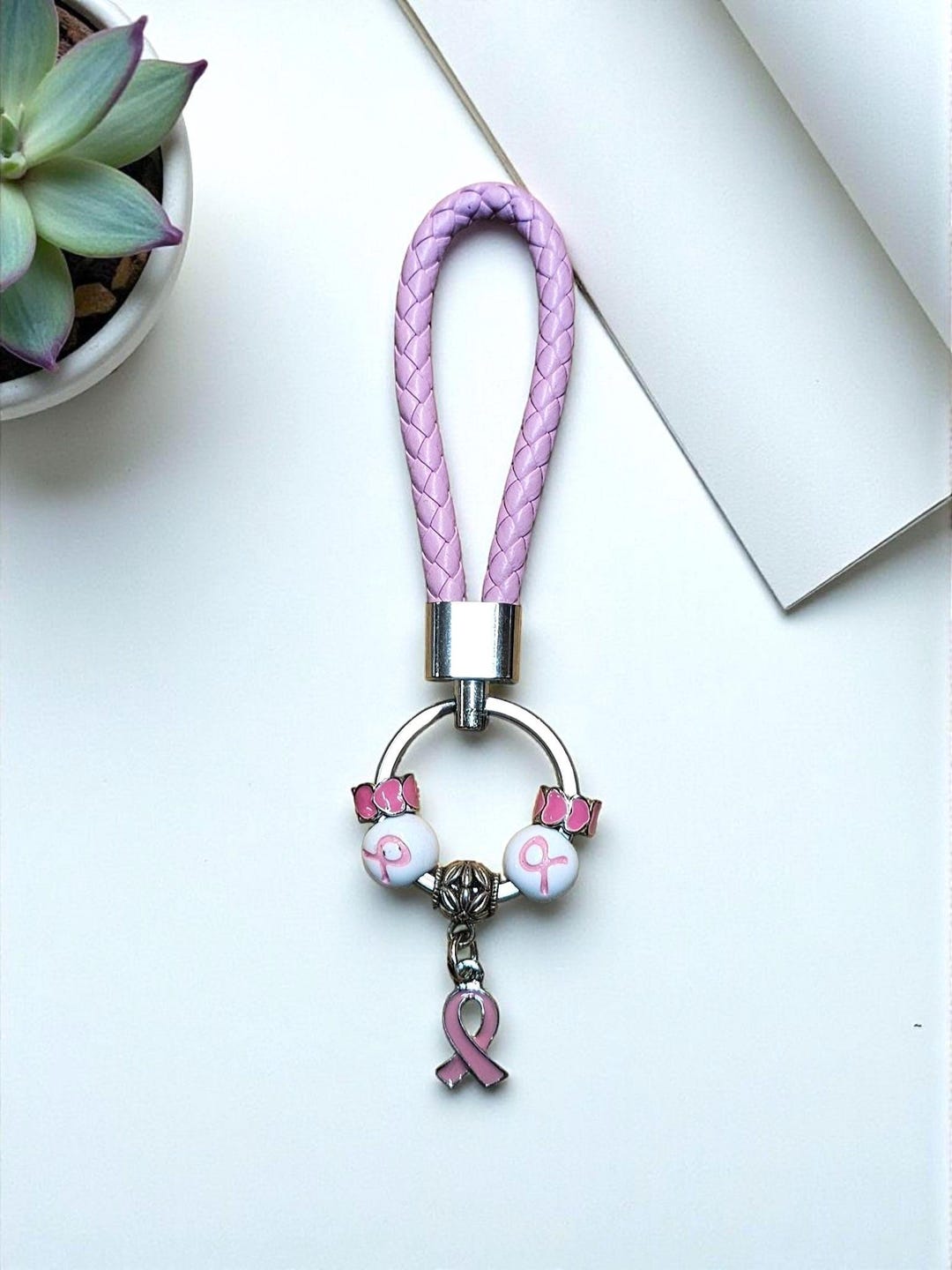 Pink Breast Cancer Awareness Keychain: Survivor Support Ribbon Charm ...