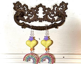 Sparkling Rainbow Charm Earrings With Yellow Hearts And Sterling Silver Earwires!!