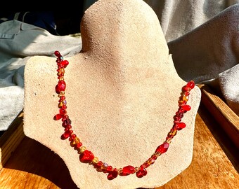 Handmade Red, Purple, And Gold Glass Beaded Necklace