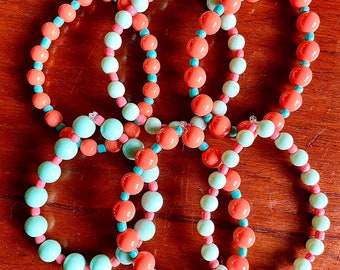 Set of 6 Coral And Aqua Handmade Stretch Bracelets
