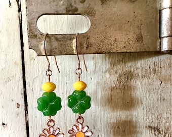 Daisy Charm Earrings: Lucky Clover Bead, Gold Plated Silver Earwires