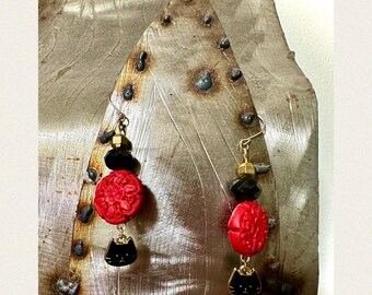 Red, Gold, And Black Cat Charm Earrings With Gold Filled Ear Wires!!