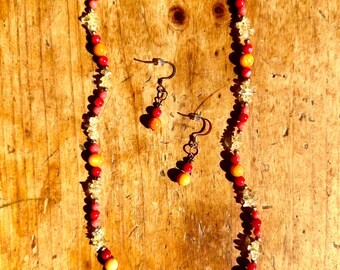 Handmade Beaded Necklace and Earring Set: Citrine, Mother of Pearl, Coral, Copper