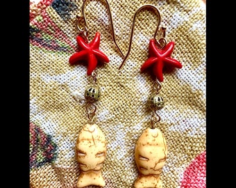 Yellow Fish And Orange Starfish Earrings With Gold Plated Earwires!!