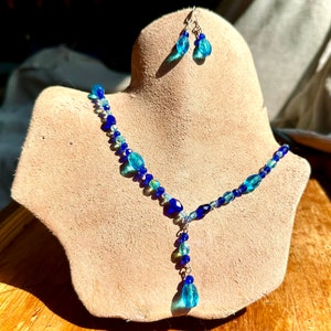 Handmade Aqua And Dark Blue Glass Pendant Necklace