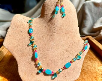 Unique Handmade Aqua, Pink, and Gold Glass Necklace And Earrings Set