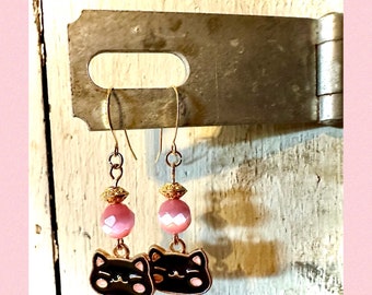 Pink And Black Cat Charm Earrings with Gold Plated Sterling Silver Earwires!!