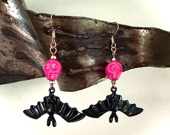 Pink Skull And Black Bat Charm Earrings!!