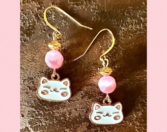 Pink And White Cat Charm Earrings with Gold Plated Sterling Silver Earwires!!