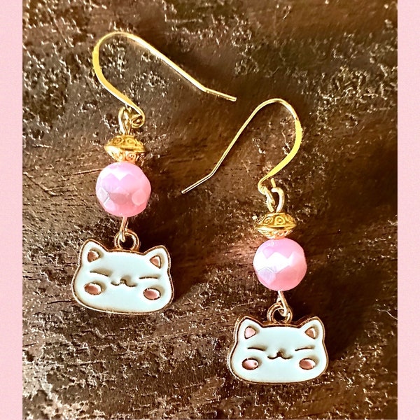 Pink And White Cat Charm Earrings with Gold Plated Sterling Silver Earwires!!